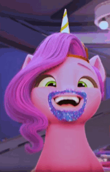 Size: 308x480 | Tagged: safe, derpibooru import, edit, edited screencap, screencap, pipp petals, my little pony: make your mark, my little pony: make your mark chapter 2, spoiler:g5, spoiler:my little pony: make your mark chapter 2, animated, beard, cropped, facial hair, g5, gif, glitter, image, laughing, loop, solo, the traditional unicorn sleep-over