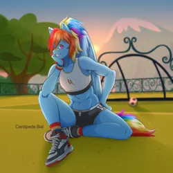 Size: 1280x1280 | Tagged: safe, artist:centipede.bat, derpibooru import, rainbow dash, anthro, pegasus, abs, bandaid, bandaid on nose, breasts, clothes, cutie mark, cutie mark on clothes, delicious flat chest, female, fence, folded wings, full body, hand on chin, hand on hip, image, jpeg, looking at you, midriff, mountain, muscles, muscular female, nonbinary, outdoors, rainbow flat, rainbow socks, shading, shoes, shorts, sitting, smiling, smiling at you, sneakers, soccer field, socks, solo, sports bra, sports shoes, sports shorts, striped socks, sunset, tail, tanktop, tomboy, tree, wings, wristband
