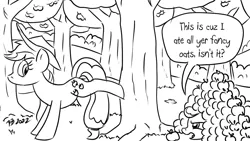 Size: 1200x675 | Tagged: safe, artist:pony-berserker, derpibooru import, apple bloom, applejack, apple, apple pile, applebucking, food, image, png, pony-berserker's twitter sketches, pony-berserker's twitter sketches (2022), speech bubble, tree