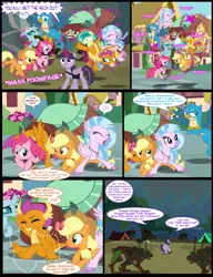 Size: 1042x1358 | Tagged: safe, artist:dendoctor, derpibooru import, applejack, gallus, mean twilight sparkle, ocellus, pinkie pie, sandbar, silverstream, smolder, twilight sparkle, twilight sparkle (alicorn), yona, alicorn, changedling, changeling, classical hippogriff, dragon, earth pony, gryphon, hippogriff, pony, timber wolf, yak, comic:clone.., alternate universe, bag, clone, comic, everfree forest, female, friendship journal, g4, glow, glowing horn, horn, image, jpeg, mare, pinkie clone, ponyville, saddle bag, student six, teleportation, tent