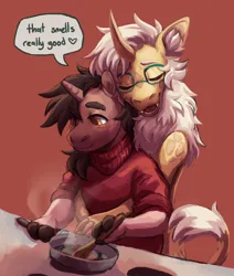 Size: 1070x1264 | Tagged: safe, artist:eggoatt, oc, unofficial characters only, anthro, unicorn, clothes, cooking, dialogue, eyes closed, furry, glasses, heart, hug, hug from behind, image, pan, png, simple background, speech bubble, sweater