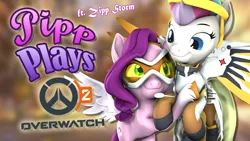 Size: 1920x1080 | Tagged: safe, artist:pika-robo, derpibooru import, pipp petals, zipp storm, pegasus, pony, series:pipp plays, 3d, clothes, cosplay, costume, fake thumbnail, female, flying, g5, gamer pipp, gamer zipp, gaming headset, goggles, headset, hug, image, let's play, looking at each other, looking at someone, mare, mercy, overwatch, overwatch 2, png, siblings, sisters, smiling, source filmmaker, spread wings, tracer, wings, youtube thumbnail
