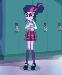 Size: 1911x2314 | Tagged: safe, composite screencap, derpibooru import, edit, edited screencap, screencap, sci-twi, twilight sparkle, equestria girls, friendship games, book, clothes, crystal prep academy uniform, female, glasses, hair bun, image, lockers, png, school uniform, skirt, socks, solo, solo female, standing