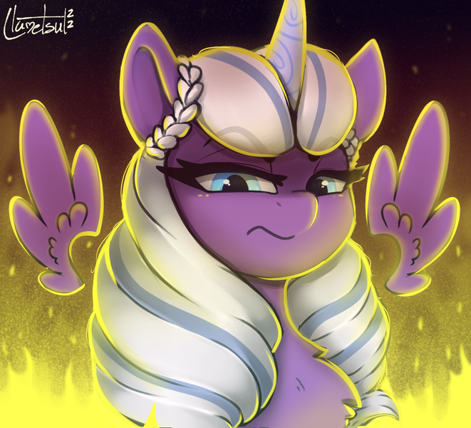 Size: 970x880 | Tagged: safe, artist:llametsul, derpibooru import, opaline, alicorn, pony, my little pony: make your mark, spoiler:g5, spoiler:my little pony: make your mark, colored, disgusted, female, fire, floating wings, frown, g5, image, looking at you, looking down, looking down at you, mare, png, signature, solo, wings