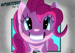 Size: 1754x1240 | Tagged: safe, artist:mrkat7214, derpibooru import, part of a set, pinkie pie, earth pony, pony, adoracreepy, breaking the fourth wall, creepy, cute, female, grin, image, jpeg, looking at you, mare, monitor, pinkie being pinkie, smiling, solo