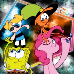 Size: 1280x1280 | Tagged: safe, artist:ema0rsully, derpibooru import, pinkie pie, bubbles (powerpuff girls), crossover, crossover nexus, dimensional shenanigans, image, jpeg, mass crossover, spongebob squarepants, spongebob squarepants (character), the powerpuff girls, wander (wander over yonder), wander over yonder