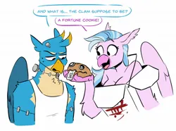 Size: 1340x996 | Tagged: safe, artist:redxbacon, derpibooru import, gallus, silverstream, anthro, gryphon, hippogriff, my little pony: the movie, blue fur, breasts, chinese takeout container, clam, cleavage, clothes, cookie, dialogue, duo, feathered wings, food, frankenstein's monster, fur, holding, image, jpeg, long hair, open mouth, purple fur, stitches, talking, text, wings