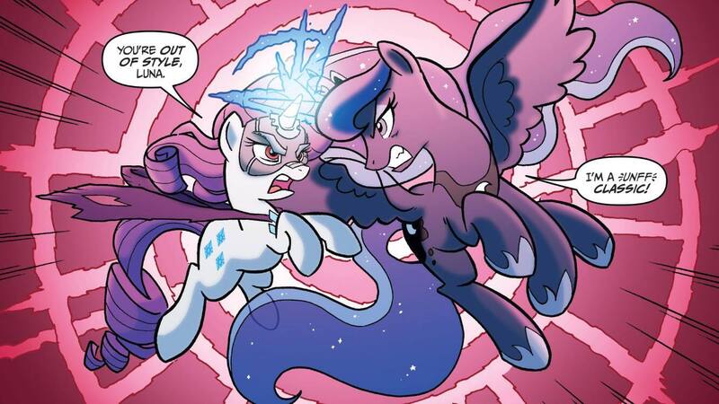 Size: 1334x750 | Tagged: safe, artist:tonyfleecs, derpibooru import, idw, princess luna, rarity, alicorn, pony, unicorn, ponies of dark water, spoiler:comic, cape, clothes, crossed horns, dialogue, doctor doomity, duo, female, fight, horn, horns are touching, image, jpeg, mare, mask, red eyes