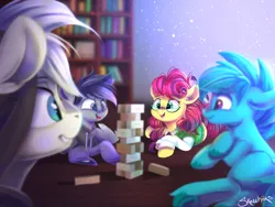 Size: 3030x2283 | Tagged: safe, artist:sketchiix3, derpibooru import, oc, unofficial characters only, earth pony, pony, bookshelf, clothes, glasses, hoodie, image, jenga, png