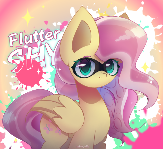 Size: 2300x2100 | Tagged: safe, artist:miryelis, derpibooru import, fluttershy, pegasus, pony, colored, crossover, image, looking at you, mask, png, smiling, smiling at you, solo, splatoon, standing, text, wings