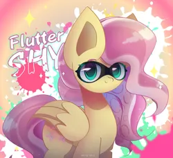 Size: 2300x2100 | Tagged: safe, artist:miryelis, derpibooru import, fluttershy, pegasus, pony, colored, crossover, image, looking at you, mask, png, smiling, smiling at you, solo, splatoon, standing, text, wings