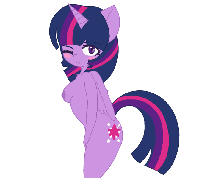 Size: 1294x1161 | Tagged: questionable, derpibooru import, twilight sparkle, twilight sparkle (alicorn), alicorn, anthro, blushing, breasts, chest fluff, cutie mark, female, image, no source available, one eye closed, png, side view, sideboob, simple background, solo, solo female, transparent background, wing fluff, wings, wink