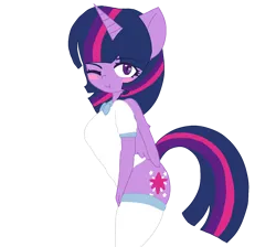 Size: 1294x1161 | Tagged: safe, alternate version, derpibooru import, twilight sparkle, twilight sparkle (alicorn), alicorn, anthro, blushing, clothes, female, image, no source available, one eye closed, png, school uniform, schoolgirl, side view, simple background, solo, solo female, thigh socks, transparent background, wing fluff, wings, wink