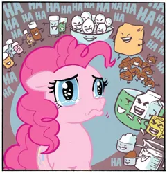 Size: 750x779 | Tagged: safe, artist:carla speed mcneil, derpibooru import, idw, pinkie pie, earth pony, pony, friends forever, spoiler:comic, bowl, cheese, egg, female, flour sack, food, image, jpeg, laughing, mare, measuring cup, milk carton, mixing bowl, panic, sad, solo, teary eyes