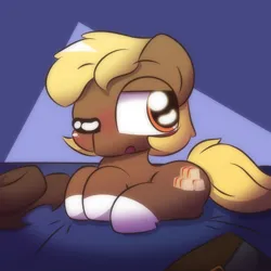 Size: 2000x2000 | Tagged: safe, artist:cushyhoof, derpibooru import, oc, oc:acres, earth pony, pony, bag, bed, cowboy hat, cute, earth pony oc, hat, high res, image, lying down, male, on bed, open mouth, png, sleepy, solo, stallion