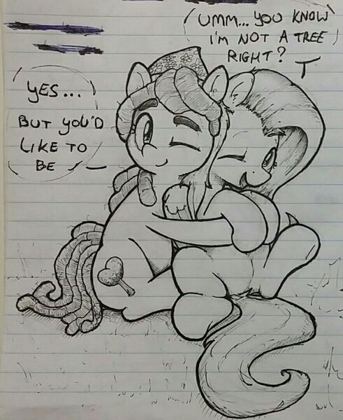 Size: 883x1080 | Tagged: safe, artist:whiskeypanda, derpibooru import, fluttershy, tree hugger, earth pony, pegasus, pony, bandana, dialogue, fluttertree, hug, image, ink, ink drawing, jpeg, lined paper, sitting, speech bubble, traditional art