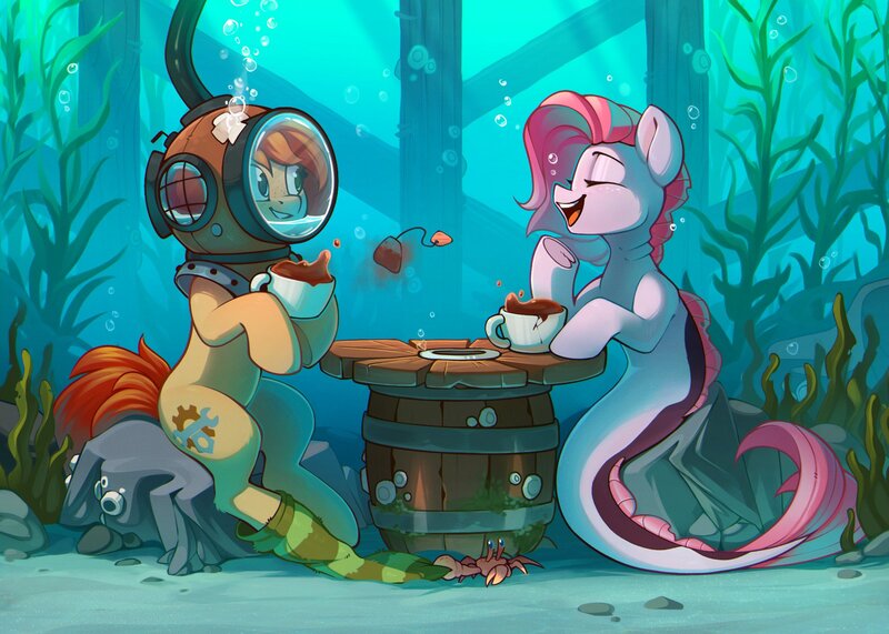 Size: 1964x1403 | Tagged: safe, artist:rexyseven, derpibooru import, oc, unofficial characters only, crab, earth pony, fish, hybrid, merpony, pony, seapony (g4), barrel, bubble, clothes, cup, digital art, diving helmet, dorsal fin, eyes closed, female, fish tail, helmet, image, jpeg, looking at each other, looking at someone, mare, ocean, open mouth, open smile, pink mane, red mane, rock, seaweed, smiling, smiling at each other, socks, tail, tea party, teacup, teeth, underwater, water