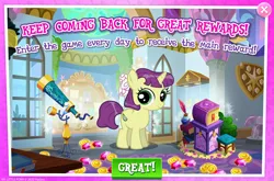Size: 1960x1292 | Tagged: safe, derpibooru import, idw, official, pony, unicorn, advertisement, book, bookmark, coin, english, female, filly, foal, gameloft, gem, image, jpeg, numbers, purple mane, purple tail, quill, sale, solo, solo focus, tail, telescope, text, yellow coat, yellow fur