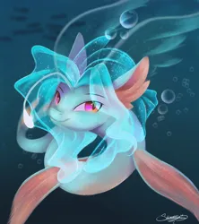 Size: 1024x1155 | Tagged: safe, artist:sketchiix3, derpibooru import, oc, unofficial characters only, fish, hybrid, merpony, pony, sea pony, seapony (g4), blue background, blue mane, bubble, clothes, cute, digital art, female, fin wings, fins, fish tail, glow, image, jpeg, looking at you, mare, ocean, pink eyes, see-through, signature, simple background, smiling, smiling at you, solo, swimming, tail, underwater, water, wings