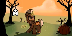 Size: 1403x714 | Tagged: safe, artist:neuro, oc, unofficial characters only, ghost, pony, undead, unicorn, armor, emf reader, female, guardsmare, helmet, hoof shoes, horn, image, magic, mare, png, pumpkin, royal guard, solo, telekinesis