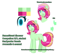 Size: 1852x1642 | Tagged: safe, alternate version, artist:lindasaurie, derpibooru import, edit, oc, oc:strawi dinosaur, unofficial characters only, earth pony, pony, beanie, bio, earth pony oc, eye clipping through hair, female, hat, image, injured, looking at you, mare, png, ponysona, reference sheet, simple background, smiling, solo, transparent background