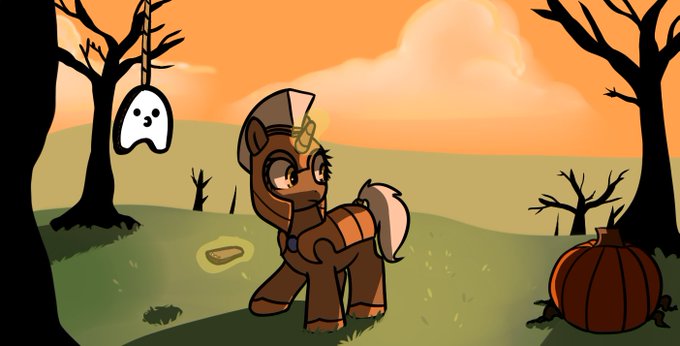 Size: 680x346 | Tagged: safe, artist:cutelewds, artist:neuro, derpibooru import, ghost, pony, undead, unicorn, armor, autumn, dead tree, female, glow, glowing horn, guardsmare, helmet, horn, image, jpeg, mare, pumpkin, royal guard, tree