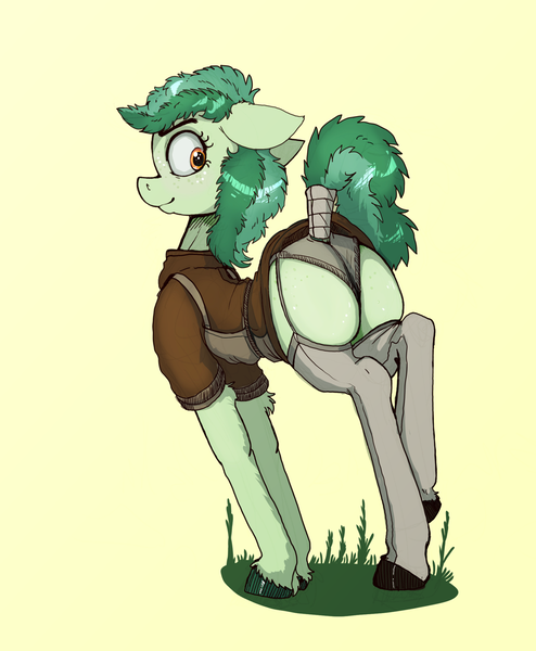 Size: 1021x1239 | Tagged: questionable, artist:paskanaakka, derpibooru import, oc, oc:bittergreen, unofficial characters only, earth pony, pony, apron, butt freckles, clothes, derpibooru exclusive, female, floppy ears, freckles, image, mare, panties, png, simple background, socks, solo, solo female, stockings, tail, tail wrap, thigh highs, underwear