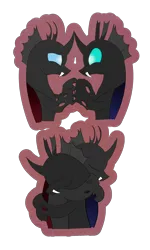 Size: 1200x2000 | Tagged: safe, artist:bjsampson, derpibooru import, oc, oc:coxa, oc:mimesis, unofficial characters only, changeling, blue changeling, changeling oc, duo, fangs, holding hooves, hug, image, male, png, red changeling, simple background, smiling, transparent background