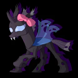 Size: 3000x3000 | Tagged: safe, artist:bjsampson, derpibooru import, oc, oc:base, unofficial characters only, changeling, nymph, black background, bow, changeling oc, fangs, female, image, nervous, png, raised hoof, scared, simple background, solo