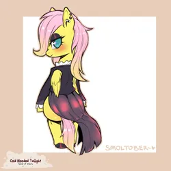 Size: 1200x1200 | Tagged: safe, artist:cold-blooded-twilight, derpibooru import, fluttershy, pony, blank flank, blushing, clothes, dress, eyeshadow, female, filly, foal, goth, image, looking back, makeup, messy hair, piercing, png