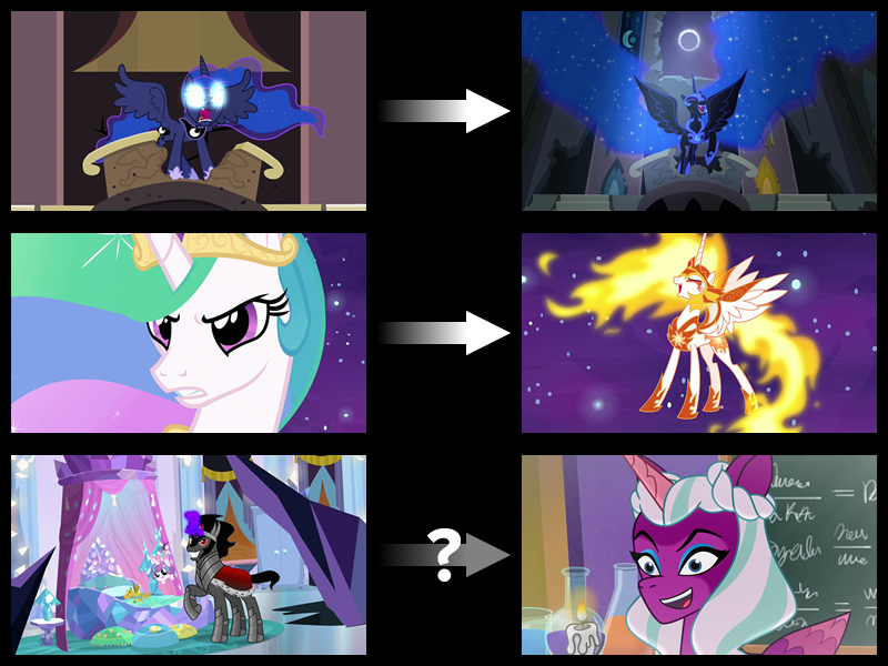 Size: 800x600 | Tagged: safe, derpibooru import, edit, edited screencap, screencap, daybreaker, nightmare moon, opaline, princess celestia, princess flurry heart, princess luna, alicorn, pony, unicorn, a royal problem, my little pony: make your mark, my little pony: tell your tale, princess twilight sparkle (episode), season 4, season 7, season 9, the beginning of the end, spoiler:g5, spoiler:my little pony: make your mark, spoiler:my little pony: tell your tale, spoiler:s09, spoiler:tyts01e29, baby, baby pony, castle of the royal pony sisters, chalkboard, corrupted, crystal, crystal empire, cursed, dark crystal, dragon dad, ethereal mane, evil, faic, female, filly, foal, g5, glow, glowing eyes, headcanon, headcanon in the description, image, insanity, jewelry, male, mare, moon, png, prediction, regalia, speculation, stallion, theory