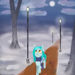 Size: 2000x2000 | Tagged: safe, artist:bjsampson, derpibooru import, oc, oc:claire de lune, unofficial characters only, bat pony, bricks, clothes, cloud, detailed background, female, fog, image, lamppost, moon, night, night sky, png, scarf, sky, snow, snowfall, solo, tongue out, tree