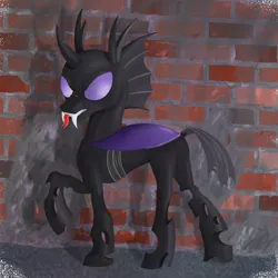 Size: 1200x1200 | Tagged: safe, artist:bjsampson, derpibooru import, oc, oc:saccu, unofficial characters only, changeling, asphalt, brick wall, changeling oc, fangs, hissing, image, looking back, male, png, purple changeling, raised leg, solo, tongue out
