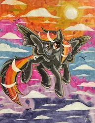 Size: 2248x2908 | Tagged: safe, artist:annuthecatgirl, derpibooru import, oc, oc:anti-lag, unofficial characters only, pegasus, flying, image, jpeg, mixed media, traditional art