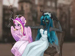 Size: 2405x1800 | Tagged: safe, artist:ijustmari, derpibooru import, princess cadance, queen chrysalis, alicorn, anthro, changeling, bench, blurry background, cigarette, clothes, dress, duo, duo female, eating, female, floral head wreath, flower, food, gloves, hand on shoulder, horn, image, jewelry, jpeg, leaning forward, looking at you, looking away, makeup, multicolored hair, sandwich, sitting, smoking, tiara, veil, wedding dress, white dress, wings, wristband