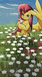 Size: 817x1497 | Tagged: safe, artist:lendftcn, derpibooru import, angel bunny, fluttershy, pegasus, pony, rabbit, animal, duo, female, field, film grain, floppy ears, flower field, holding a rabbit, image, jpeg, mare, smiling