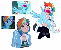 Size: 1843x1516 | Tagged: safe, artist:lazy-ale, derpibooru import, rainbow dash, human, pegasus, pony, daring don't, maud pie (episode), abs, bandage, clothes, cutie mark, cutie mark on clothes, ear piercing, earring, faic, grin, hoodie, humanized, image, jewelry, jpeg, midriff, muscles, open mouth, piercing, rainbow dash is best facemaker, scene interpretation, screencap reference, shocked, shorts, shrunken pupils, smiling, smirk, smug, smugdash, socks, sports bra, stockings, thigh highs, whistle, whistle necklace, wide eyes, winged humanization, wings