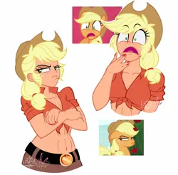Size: 1584x1556 | Tagged: safe, artist:lazy-ale, derpibooru import, applejack, earth pony, human, pony, applejack's hat, belly button, belt, breasts, cleavage, cowboy hat, crossed arms, faic, front knot midriff, grumpy, hat, humanized, image, jpeg, midriff, muscles, nail polish, open mouth, scene interpretation, screencap reference, shocked, wide eyes