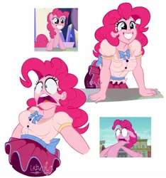 Size: 1682x1799 | Tagged: safe, artist:lazy-ale, derpibooru import, pinkie pie, earth pony, human, pony, bowtie, breasts, busty pinkie pie, chubby, clothes, faic, fat, grin, happy, humanized, image, jpeg, open mouth, pinkie pie is best facemaker, pudgy pie, scene interpretation, screencap reference, shocked, skirt, smiling, wide eyes