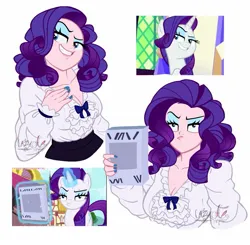 Size: 1433x1407 | Tagged: safe, artist:lazy-ale, derpibooru import, rarity, human, pony, unicorn, it isn't the mane thing about you, sparkle's seven, breasts, cleavage, eyeshadow, faic, grin, humanized, image, jpeg, lipstick, makeup, nail polish, newspaper, pouting, rarity is not amused, scene interpretation, screencap reference, smiling, smirk, smug, unamused