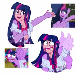 Size: 1516x1516 | Tagged: safe, artist:lazy-ale, derpibooru import, twilight sparkle, twilight sparkle (alicorn), alicorn, human, pony, equestria girls, angry, faic, happy, humanized, image, jpeg, open mouth, open smile, scene interpretation, screencap reference, shrunken pupils, smiling