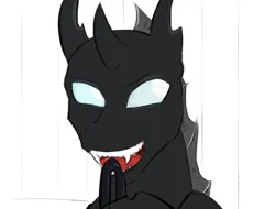 Size: 1154x878 | Tagged: safe, artist:testostepone, derpibooru import, oc, oc:coxa, unofficial characters only, changeling, anisocoria, cane, changeling oc, david bowie, fangs, image, no source available, open mouth, png, smiling, solo, tongue out