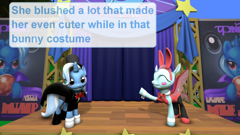 Size: 1920x1080 | Tagged: safe, artist:ask-the-luna-knight, derpibooru import, ocellus, trixie, changedling, changeling, pony, unicorn, 3d, blush sticker, blushing, bowtie, bunny ears, bunny suit, clothes, cuffs (clothes), eyes closed, fishnets, grin, hat, image, jpeg, leotard, magician outfit, pantyhose, smiling, source filmmaker, stage, text, top hat, waving