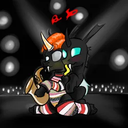 Size: 3000x3000 | Tagged: safe, artist:fumalunga, derpibooru import, oc, oc:coxa, oc:mimesis, unofficial characters only, changeling, anisocoria, blushing, changeling oc, clothes, david bowie, fangs, gay, glow, glowing tongue, heart, hug, image, looking at each other, looking at someone, male, musical instrument, no source available, png, red changeling, saxophone, spandex, stage, tongue out, wig