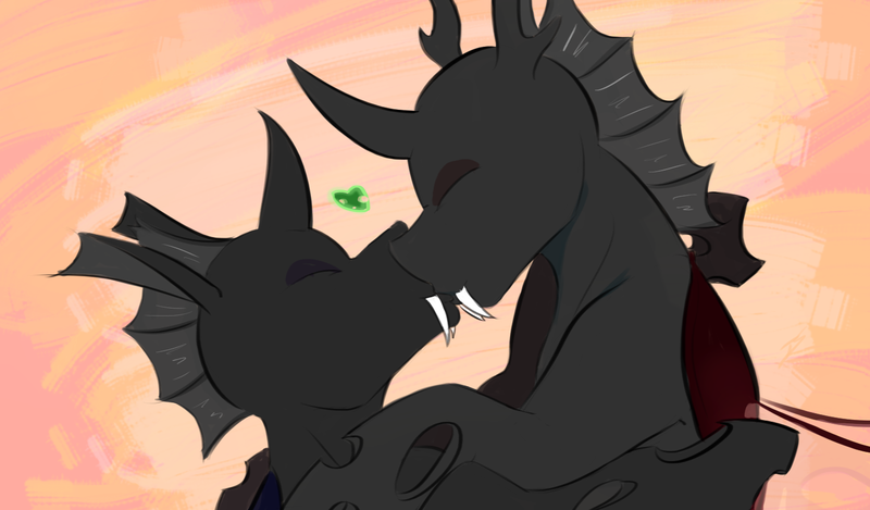 Size: 1474x865 | Tagged: safe, artist:testostepone, derpibooru import, oc, oc:coxa, oc:mimesis, unofficial characters only, changeling, abstract background, blue changeling, changeling oc, eyes closed, fangs, gay, heart, image, kissing, male, no source available, png, red changeling