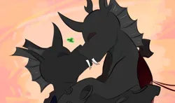 Size: 1474x865 | Tagged: safe, artist:testostepone, derpibooru import, oc, oc:coxa, oc:mimesis, unofficial characters only, changeling, abstract background, blue changeling, changeling oc, eyes closed, fangs, gay, heart, image, kissing, male, no source available, png, red changeling