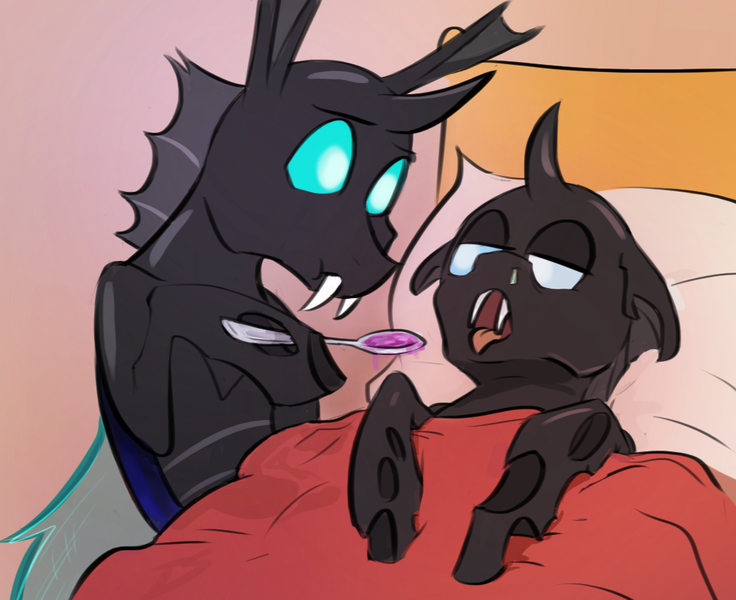 Size: 1010x823 | Tagged: safe, artist:testostepone, derpibooru import, oc, oc:coxa, oc:mimesis, unofficial characters only, changeling, anisocoria, bed, blanket, caring for the sick, changeling oc, fangs, image, medicine, no source available, open mouth, pillow, png, scrunchy face, sick, spoon, tongue out