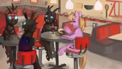 Size: 3840x2160 | Tagged: safe, artist:toisanemoif, derpibooru import, oc, oc:ace shot, oc:coxa, oc:maxilla, oc:mimesis, unofficial characters only, changeling, pony, banana split, blonde, blonde mane, blue changeling, chair, changeling oc, cherry, chocolate, cutie mark, david bowie, detailed background, diner, fangs, food, group photo, ice cream, image, makeup, malt shop, pink changeling, pink coat, png, red changeling, smiling, table, talking to each other, wallpaper, wig