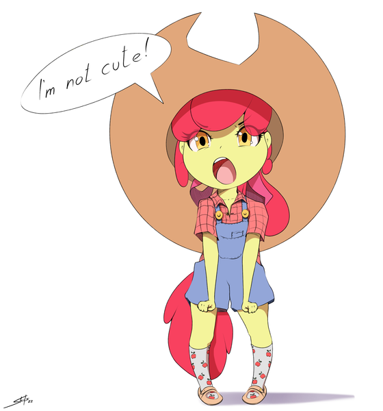 Size: 2800x3000 | Tagged: safe, artist:skitsniga, derpibooru import, apple bloom, equestria girls, adorabloom, blatant lies, clothes, cowboy hat, cute, dialogue, hat, high res, i'm not cute, image, open mouth, oversized hat, png, sandals, signature, simple background, socks, solo, speech bubble, stetson, white background