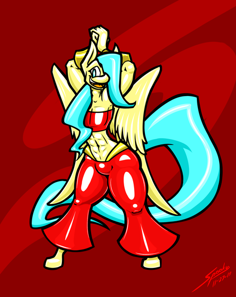 Size: 1753x2206 | Tagged: suggestive, artist:saliantsunbreeze, derpibooru import, oc, oc:razor breeze, anthro, genie, pegasus, belly dancer outfit, image, latex, png, shantae, smiling, solo